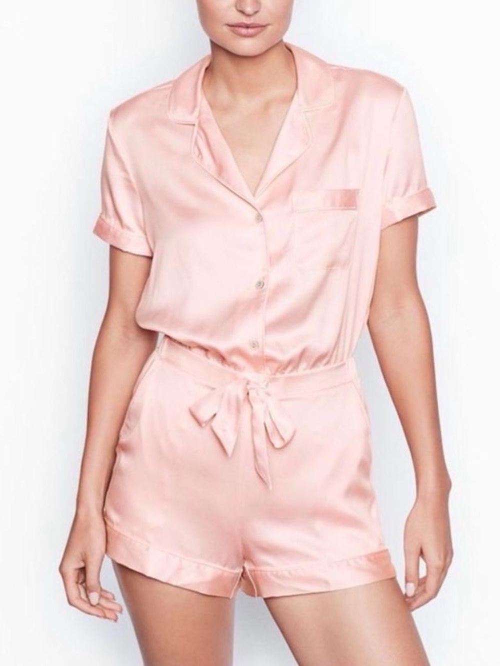 Victoria’s Secret Baby Pink Satin Sleep Pajama Romper w Tie Waist Sz M